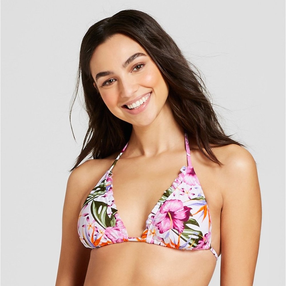 Bikini Top S Smocked Triangle Hibiscus Berry NWT